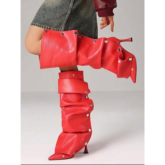 Red Ruched Slouchy Stiletto Boots Size 9.5 - Picture 1 of 12